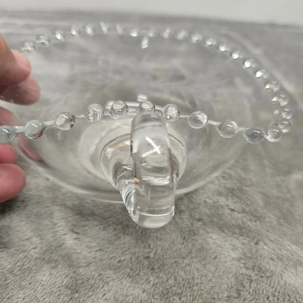 Vintage Imperial Glass Heart Shaped Nappy Bowl Beaded Rim Etched Floral  Handle
